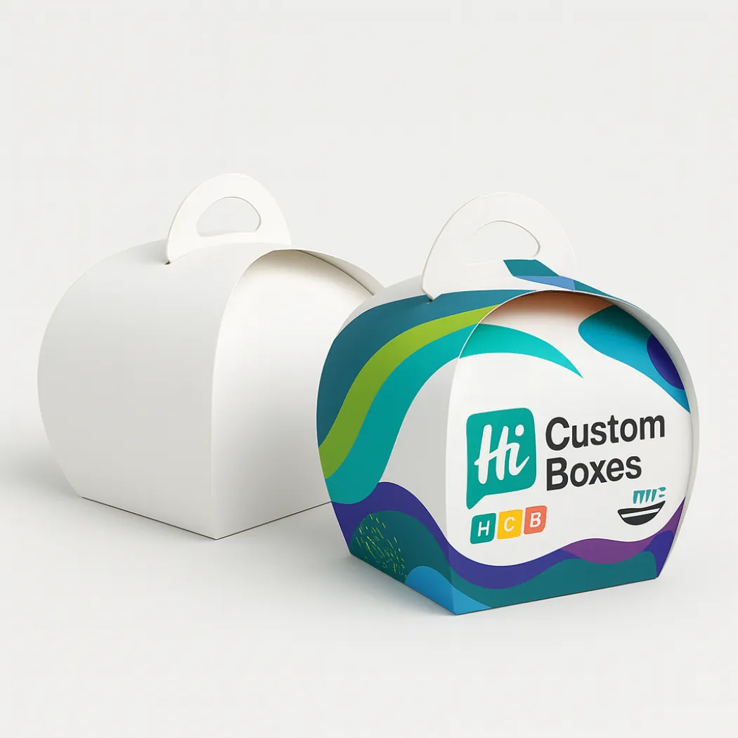 Two curved dome-style packaging boxes with circular handles- one plain white and one teal branded- class=